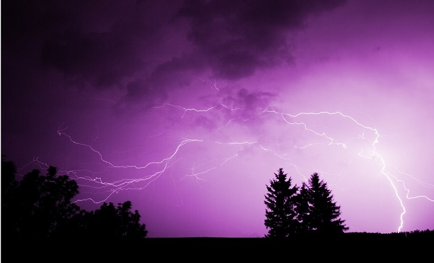 Purple lightning over trees